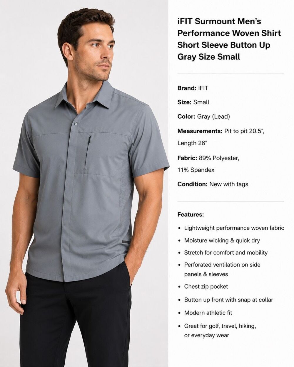iFIT Surmount Men’s Small Gray Performance Stretch Short Sleeve Button Up Shirt